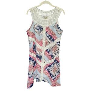 Tanzara Dress Large Boho Geometric Print Crochet Trim Handkerchief Hem Lined‎